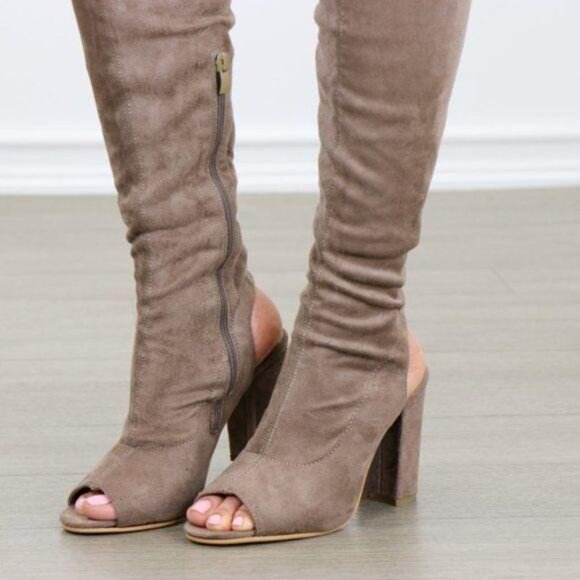 Suede Thigh High Peep Toe & Heel Chunky Heel Boot - Picture 8 of 8